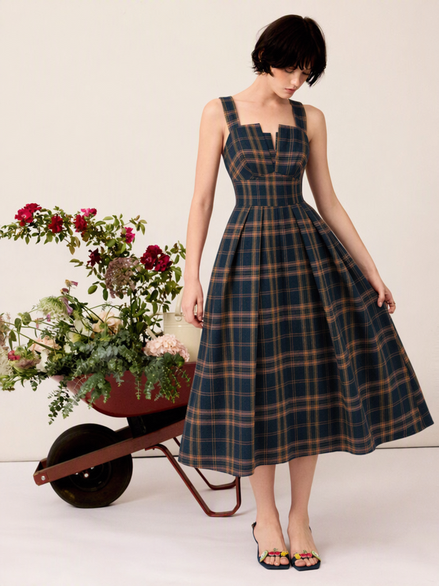 Plaid Camisoles Retro Waist Shaping Big Swing Midi Dresses