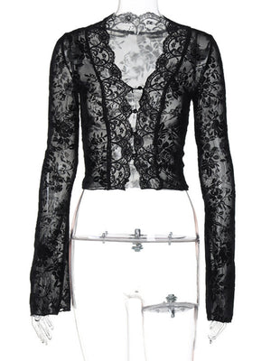 Leopard Print Mesh Lace Patchwork Long-sleeved T-shirt