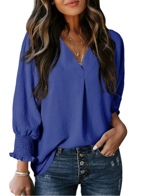 V-neck Long Sleeve Roll Up The Cuffs Shirt T-shirts