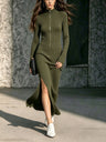 Half-zip Stand Collar Long-sleeved Ribbed Stretch Side Slit Slim-fit Long Dress