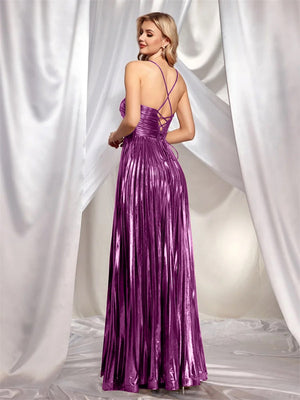 Metallic Strapless Style Crimp Slit Thin Strap Sleeveless Backless Cocktail Party Parties Formal Dress Long Dress