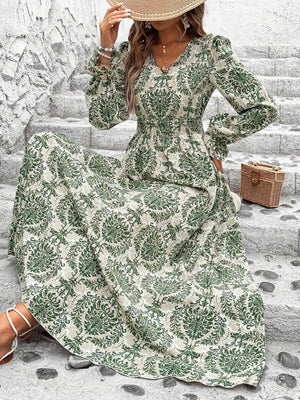 Floral Long Sleeve Square Collar Vacation And Leisure Maxi Dresses