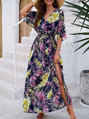 Printed Straps V-neck Short Sleeve Slit Maxi Dresses