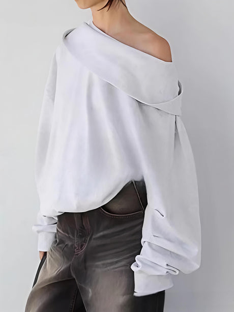 Casual Ribbed Hem Solid Color Off-shoulder Hooded Sweatshirt