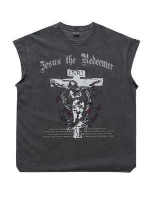 Washed Distressed God Printed Tank Tops