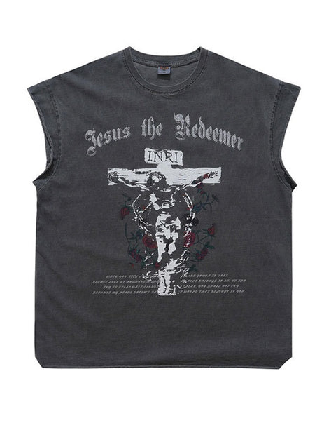 Washed Distressed God Printed Tank Tops