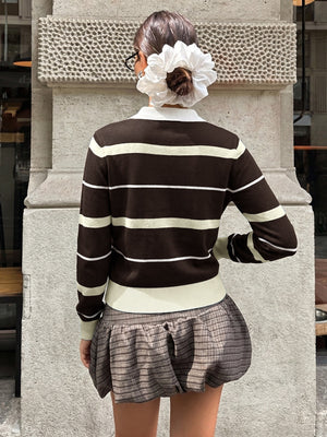 Preppy Style Striped Color-blocked Polo Collar Long-sleeved Fitted Sweater