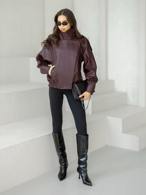 Retro Motorcycle Style Leather Jacket With Stand-up Collar