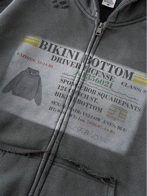 Distressed Washed Printed Hoodies Cardigan