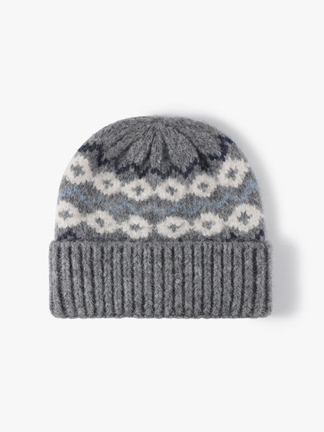 Striped Jacquard Cuffed Beanie, Thick-Knit Winter Hat, Thermal Fleece-Lined, One Size