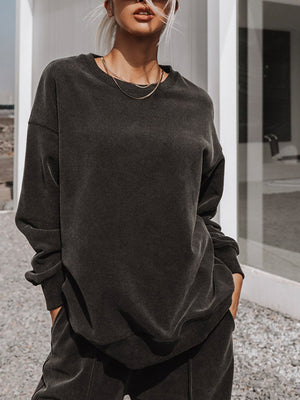 Liber Women's autumn round neck solid color pullover Long sleeve two piece sweatshirt