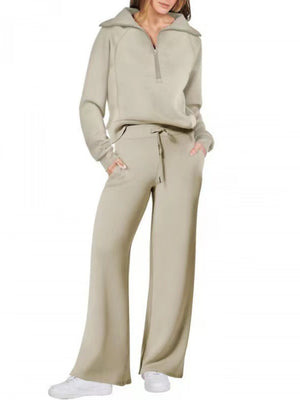 Women's Casual Sportswear Set: Zippered Long-Sleeved Sweatshirt And Wide-Leg Pants Two-Piece Set