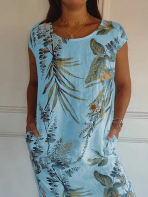 Printed Cotton And Linen Pocket Crew Neck Short Sleeve Mini&Short Dresses