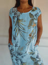 Printed Cotton And Linen Pocket Crew Neck Short Sleeve Mini&Short Dresses