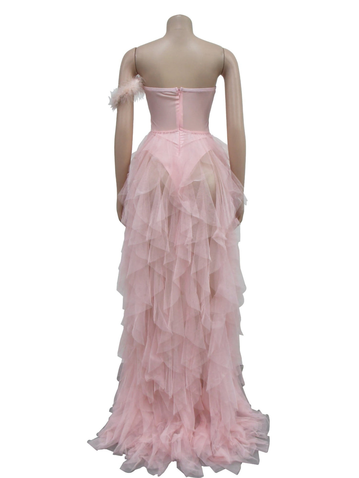 Ärmelloses, trägerloses Top mit Federapplikationen, durchsichtige Maxikleider aus Mesh