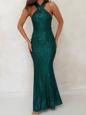 Neckband Evening Gown Sleeveless Sequined Long Dress