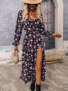 Floral Long Sleeve Square Collar Slit Vacation And Leisure Maxi Dresses