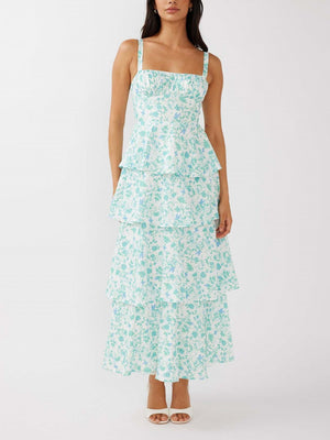 Floral Print Pleats On Suspenders Maxi Dresses