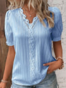 Openwork Lace Puff Sleeve V-neck Vertical Stripes T-shirts