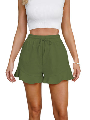 Ruffle Elastic Waistband Drawstring Cotton And Linen Shorts