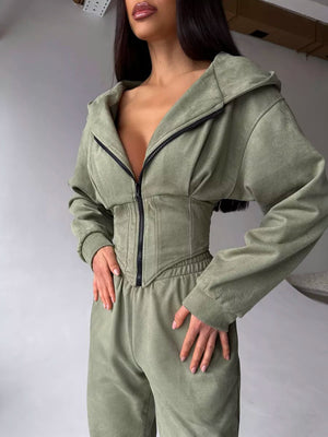 Liber Autumn women's clothing waist design Hooded Zippered solid color long-sleeved cardigan two-piece set