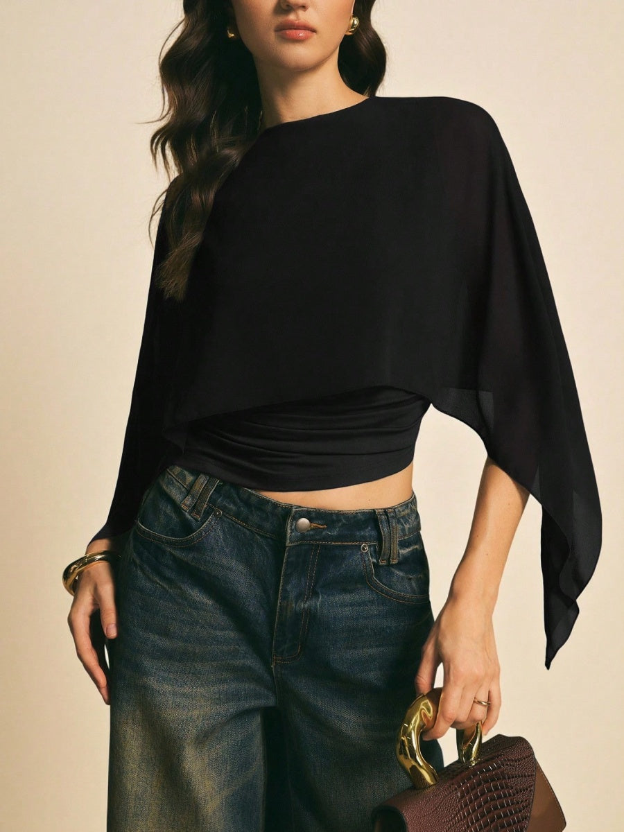 Cape-sleeve T-shirt, Round Neck, Loose Chiffon Cover-up, Elegant Irregular Top/T-shirt