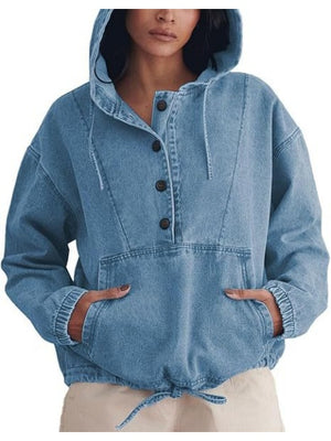 Button-up Pullover Denim Hoodie