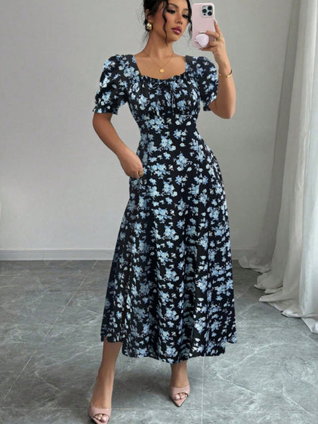 Floral Short Sleeve Square Collar Ruffle Vacation And Leisure Maxi Dresses
