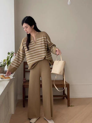 Stylish Two-piece Set: Loose Striped Knit Top, Casual High-waisted Wide-leg Knit Pants