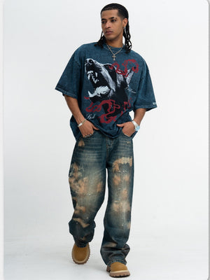 Washing Water Distressed Doberman Pinscher Printed Loose-fit T-shirts