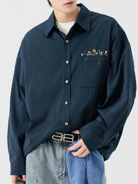 Simple Floral Embroidery Stripes Shirts