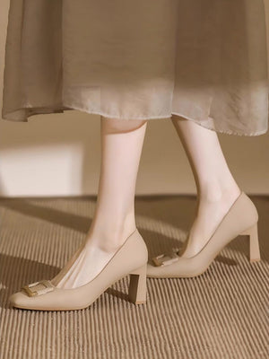Liber Spring and Autumn Square Buckle Women's High Heels