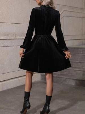 High Collar Gold Velvet Puff Sleeve Hit Long-sleeved Short Dress