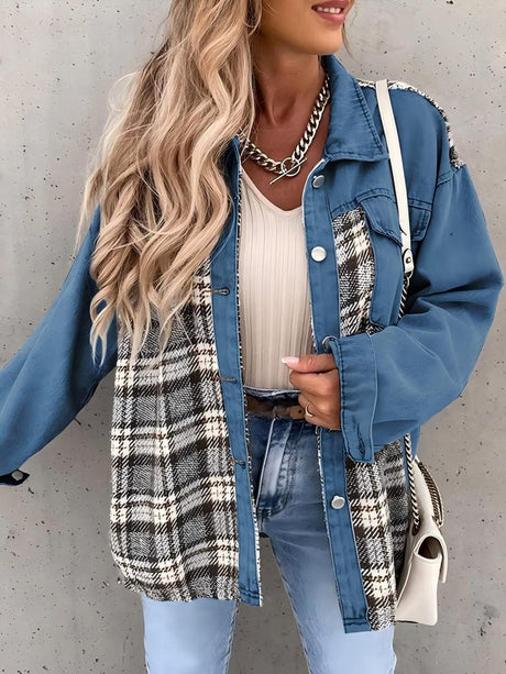 Long Sleeve Plaid Splicing Fasten Denim Jackets