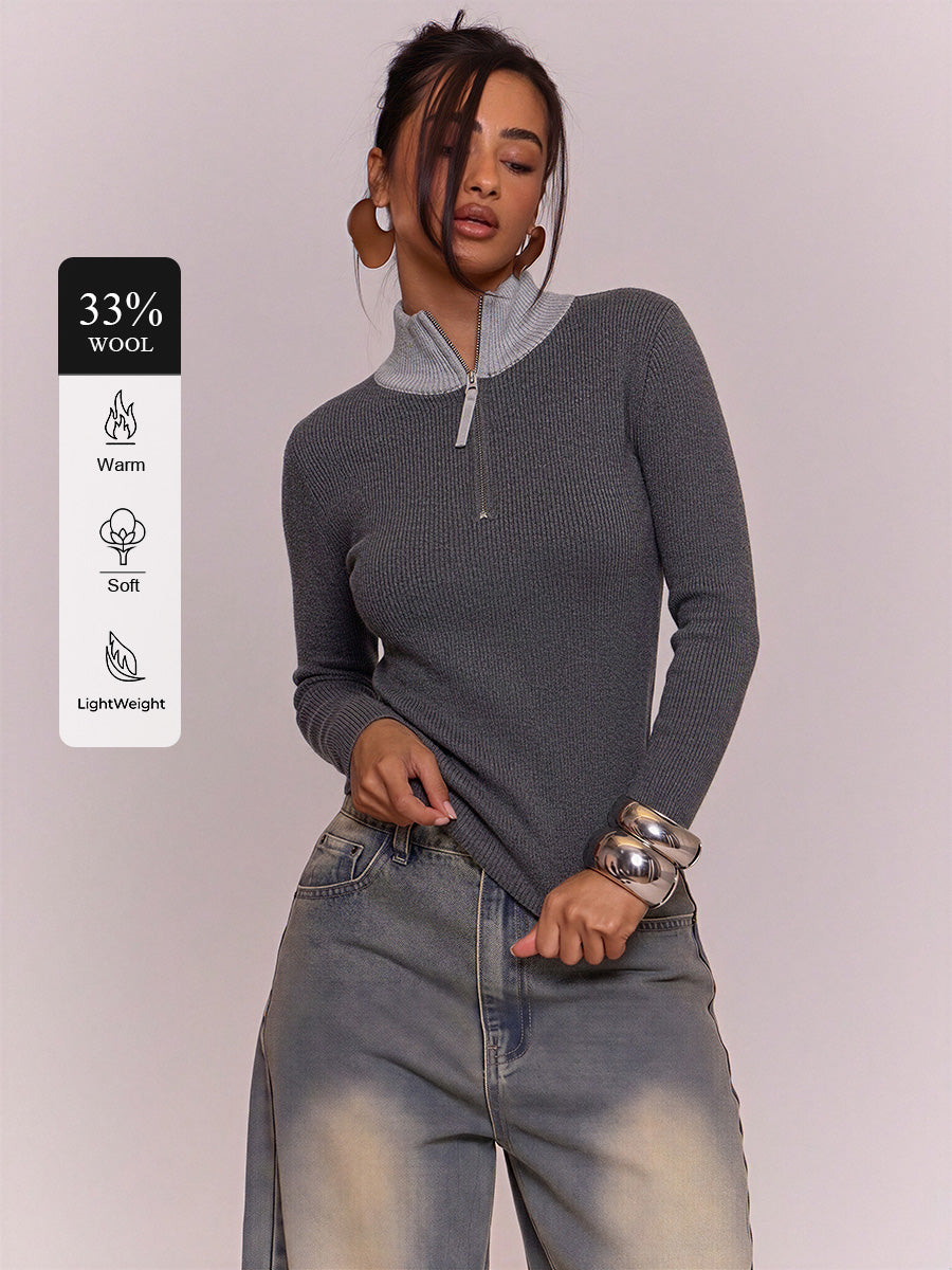 Wool Blend Color-blocked Half-zip Stand Collar Ribbed Pullover Sweater