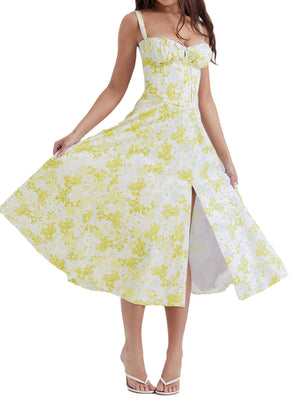 Waist Cinching With Straps A-line Skirt Split Suspenders Sweet Maxi Dresses