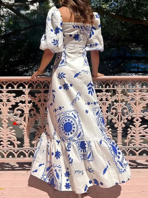 Elegant And Fashionable Printed Lantern Short Sleeves Maxi Dresses