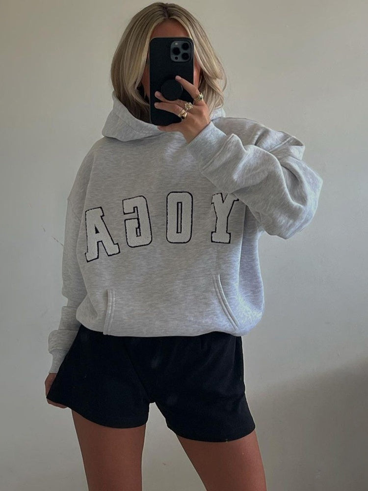 Grey Embroidered YOGA Letter Print Oversized Hooded Sweatshirt
