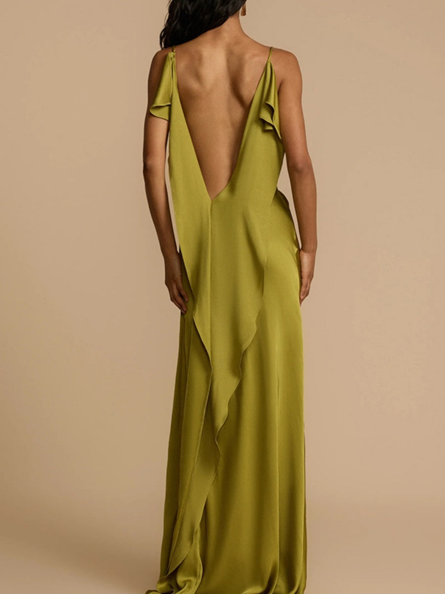 Backless Ribbon Satin Slits Wedding Maxi Dresses