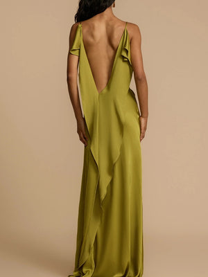 Backless Ribbon Satin Slits Wedding Maxi Dresses