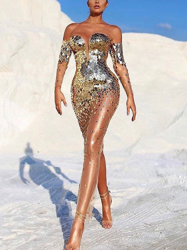 Sequins Bandage Off Shoulder Maxi Dresses