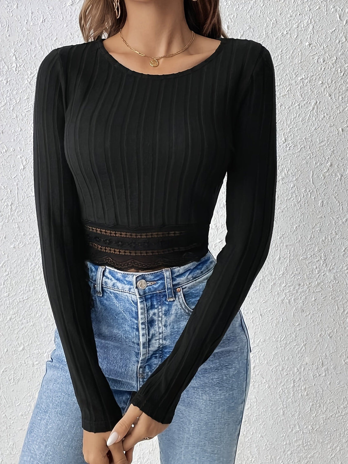 Lace Stitching Solid Color Crew Neck Long Sleeve Pit Strip T-shirts