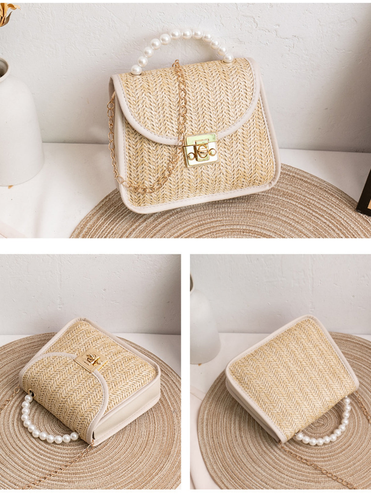 Vacation Straw Beaded Crossbody Bag