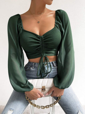 V-neck Spliced Chiffon Drawstring Lantern Sleeves Sweet T-shirts