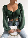 V-neck Spliced Chiffon Drawstring Lantern Sleeves Sweet T-shirts
