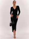 Goose Down V-neck Dress, Slim Fit, Pleated Patchwork, Irregular Skirt, Elegant Long Dress