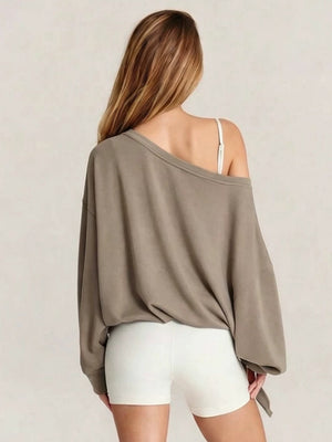 Women's Autumn/Winter Solid Color Off-Shoulder Long Sleeve Drawstring Hem Sweatshirt