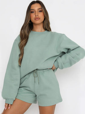 Loose-fitting, Versatile, Casual Crew Neck Sweatshirt And Shorts Set