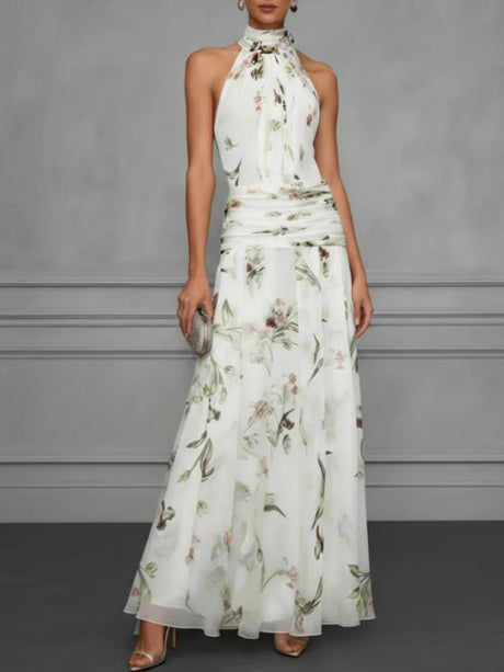 Halter Printed Temperament Waist Parties Maxi Dresses