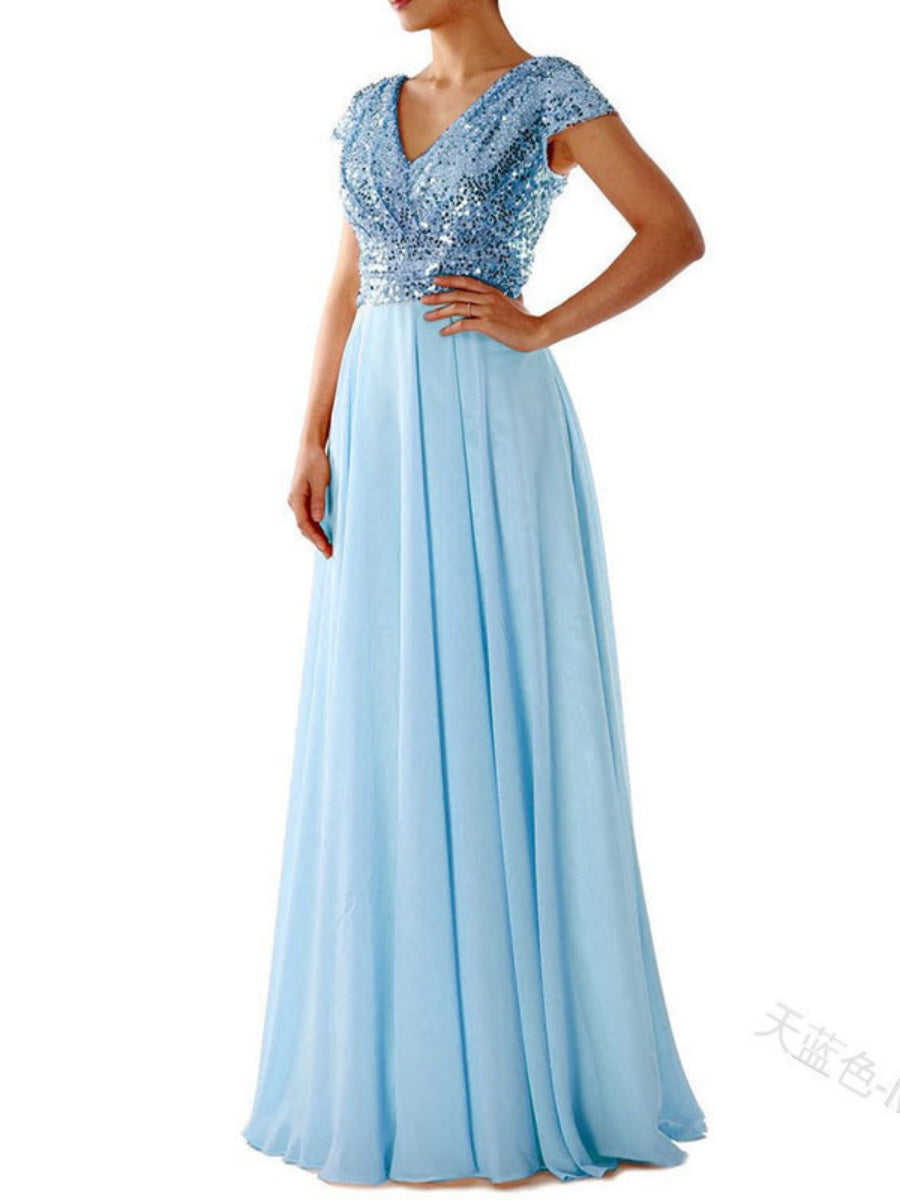 V-neck Sequins Chiffon Splicing Evening Gown Maxi Dresses